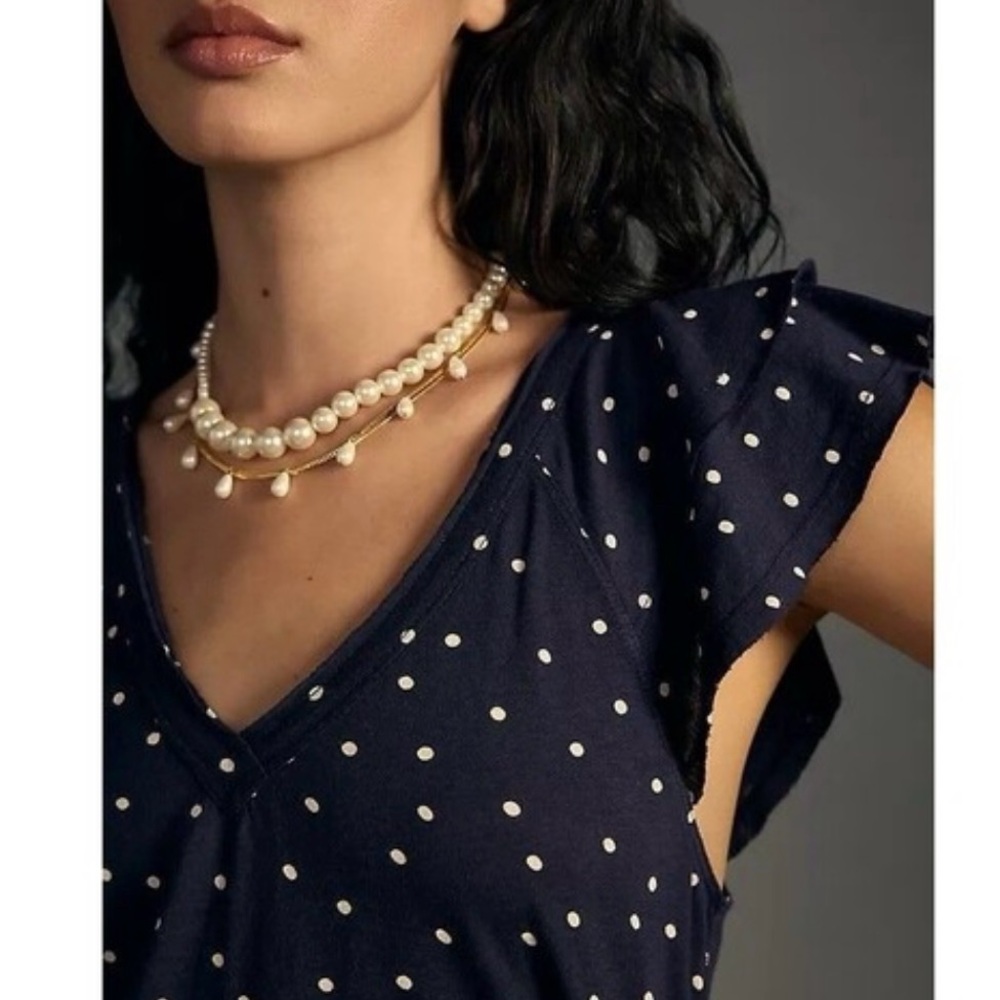 Maeve by Anthropologie navy polka dot blouse.